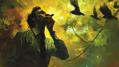 Man smoking below tethered birds in abstract yellow sky.
