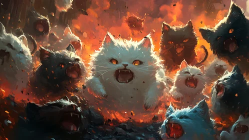 Apocalyptic Feline Alliance: Fiery Convergence Digital Painting.