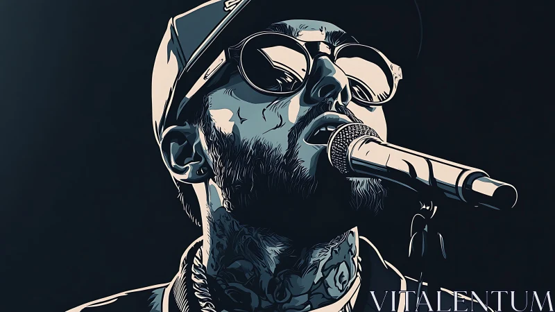 Vector portrait of tattooed singer in cap with stage microphone