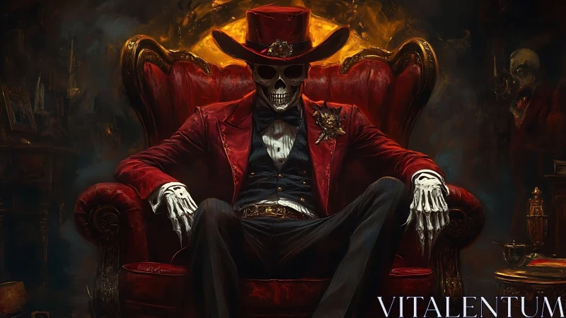 Crimson-blooded skeleton king lounges in infernal velvet throne