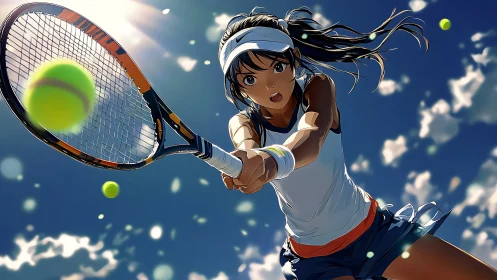 Dynamic low-angle anime render of girl executing tennis return