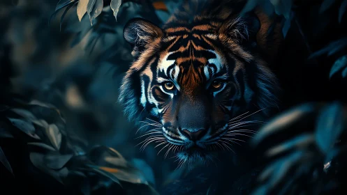 Silent tiger emerging from teal-shadowed jungle foliage.