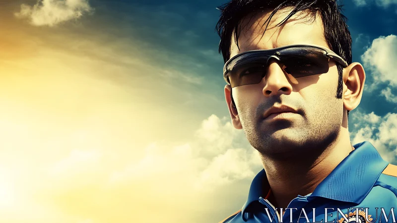 Cricket player portrait under bright sky background.