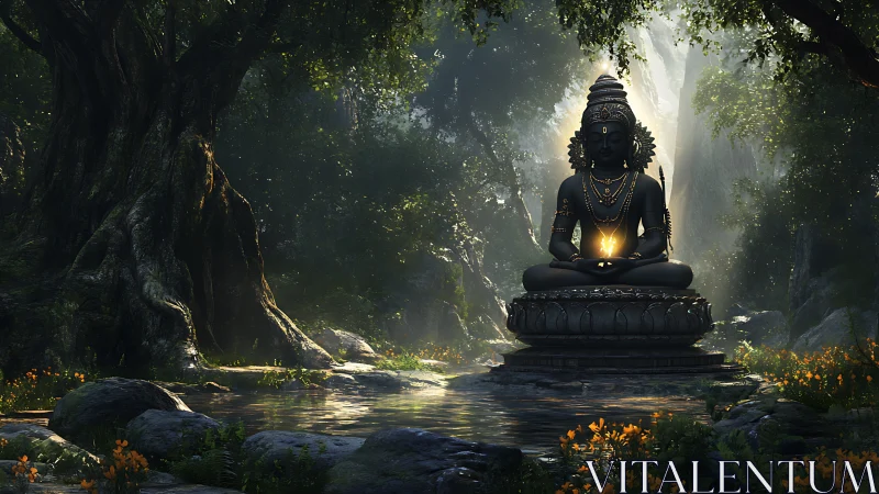 Meditating stone deity holds radiant light in forest shrine
