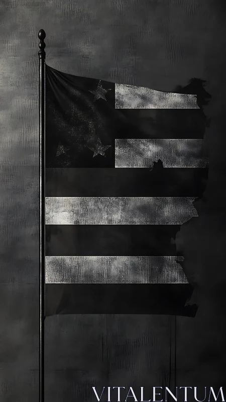 Worn monochrome flag on pole against dark textured sky.