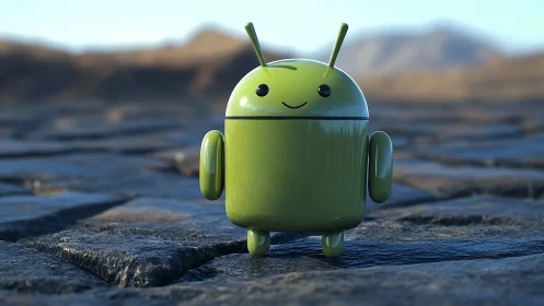 High-gloss green robot mascot rendered on textured stone terrain