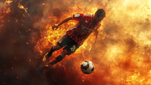 Soccer player rendered mid-stride against simulated fire field