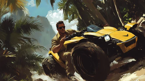 Desert rogue in a yellow dune buggy storms the jungle trail.