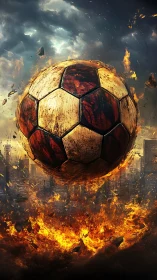 Burning soccer ball over apocalyptic city inferno.