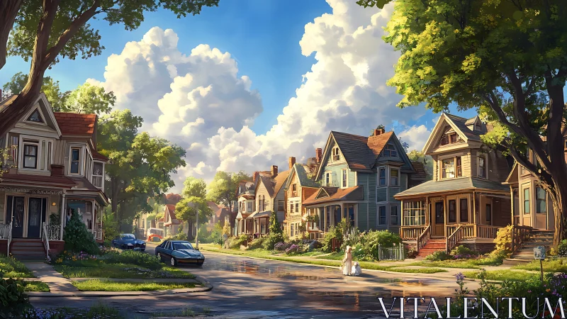 Tree lined suburban street with colorful family homes.