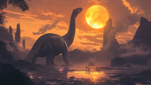 Massive sauropod dinosaur under huge sun in wet valley.