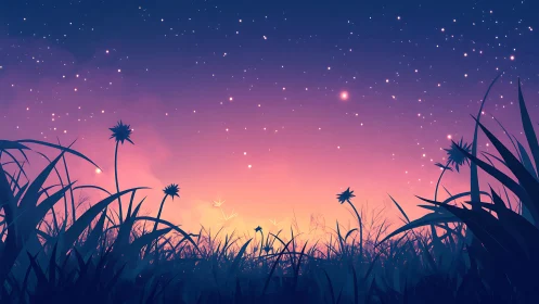 Starry twilight meadow with silhouetted wildflowers glow.