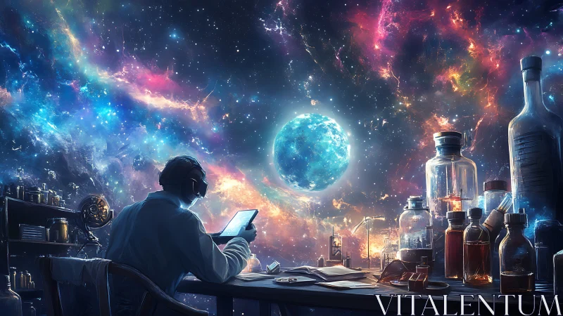 Solitary scientist studies a luminous planet amid cosmic lab