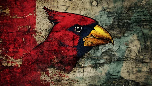 Weathered cardinal gaze on cracked tricolor wall canvas.