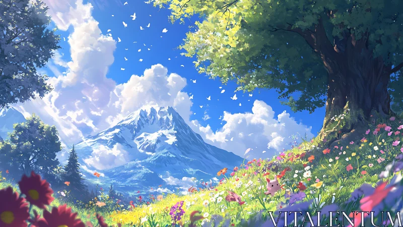 Mountain meadow landscape with tree and small creature.