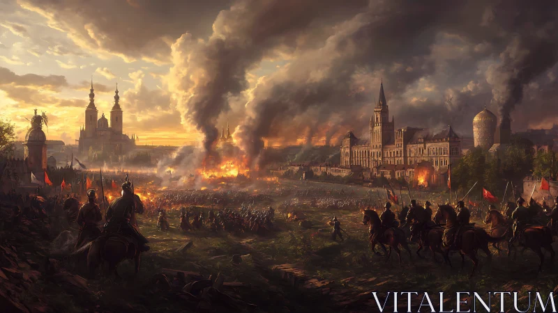 Medieval cavalry engagement before burning walled city.