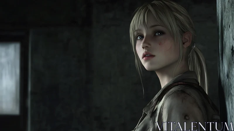 Quiet survivor girl resting in a shadowed doorway.