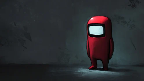 Lone red crewmate under moody spotlight in empty void.