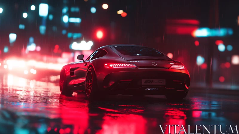 Red sports coupe cuts through neon rain on wet city street