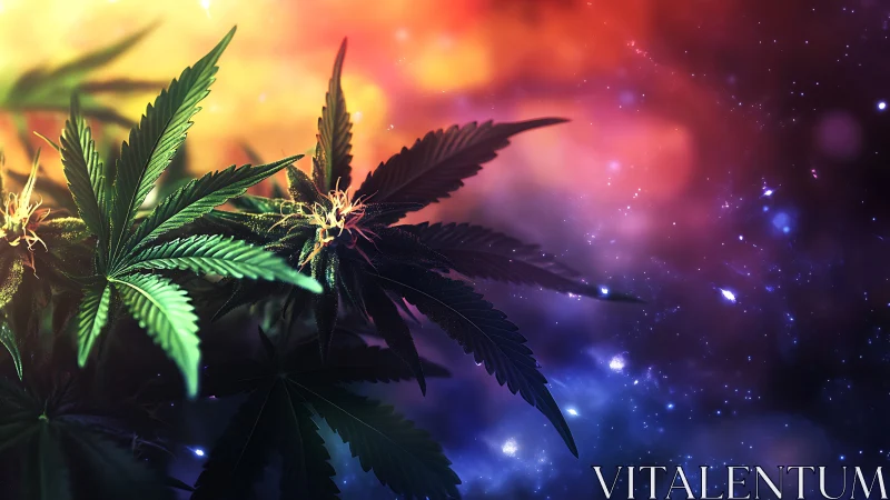 Cannabis leaves against vivid cosmic nebula background.