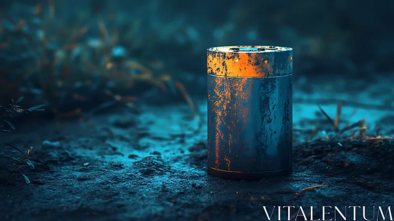 Cylindrical metal canister glows against cold, saturated ground