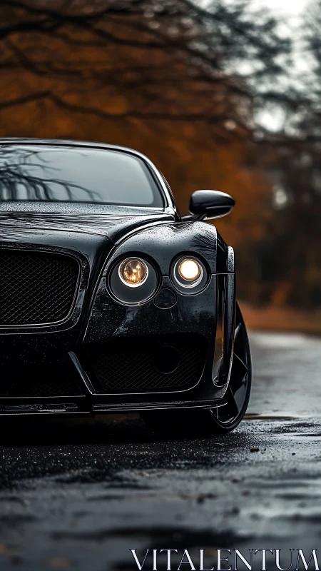 Photorealistic front-view luxury coupe in rainy autumn light.