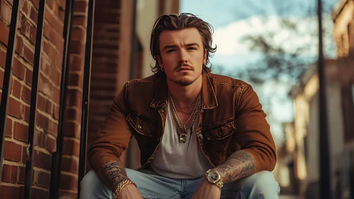 Urban portrait of tattooed man in golden hour street light.