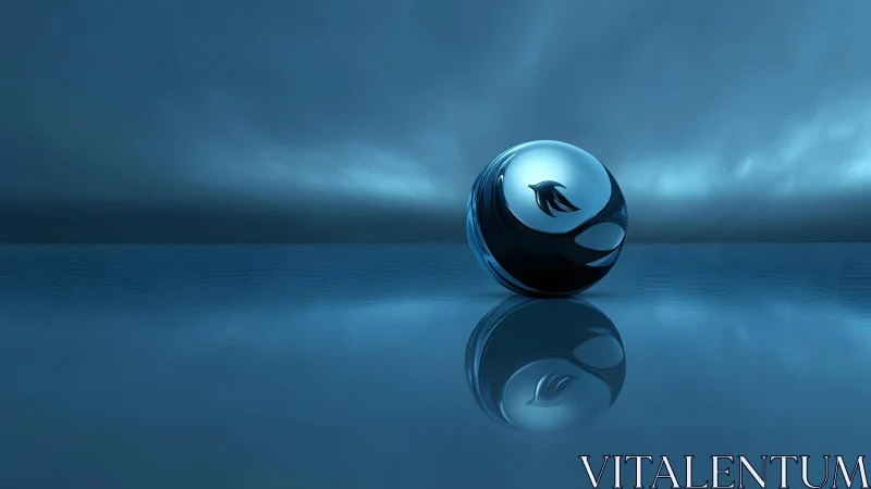 Futuristic glass sphere with bird emblem on reflective blue surface.