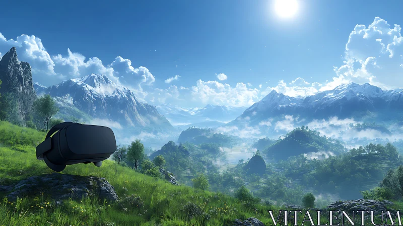 Virtual reality headset over alpine valley under high sun.