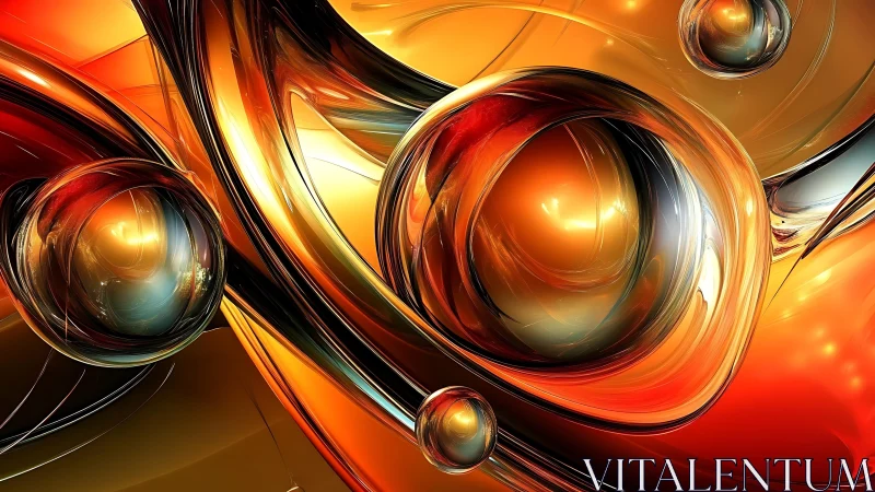 Vivid Abstract Spheres in Fiery Orange and Gold Digital Art.