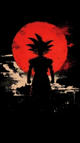 Silhouette warrior ignites beneath blood-red painted moon.