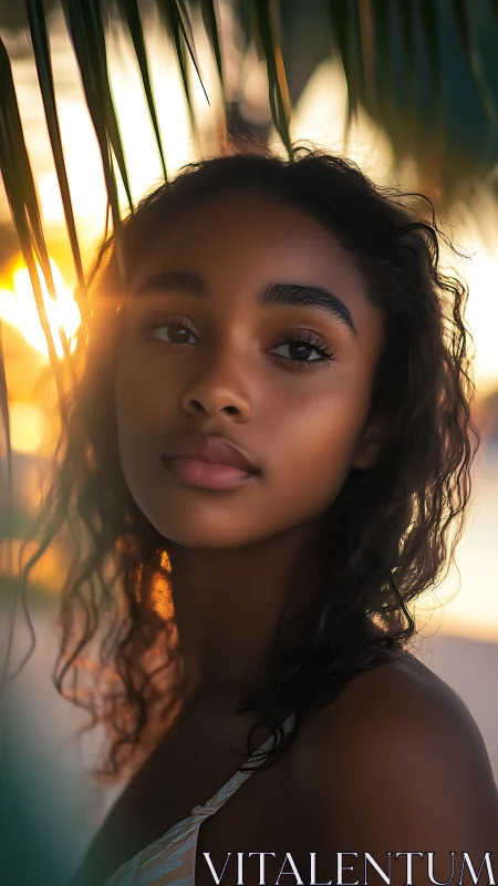 Sunlit gaze beneath palm shadows at a dreamy shoreline.