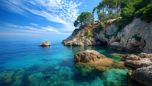 Rocky turquoise cove with clear sea and pine covered cliffs.