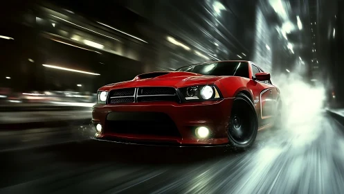 Red muscle car racing through wet night city streets.