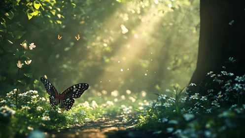 Majestic butterfly in sunlit forest clearing, dreamy fantasy style.