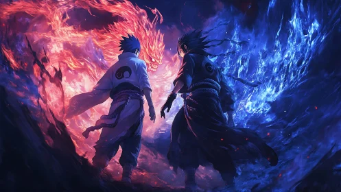 Dueling ninja brothers between roaring fire and frozen tide.