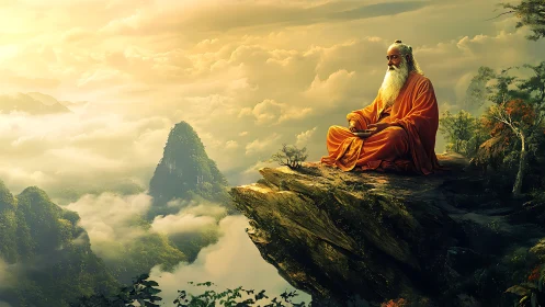 Skyline sage on a cloud-kissed cliff in molten sunrise hush.