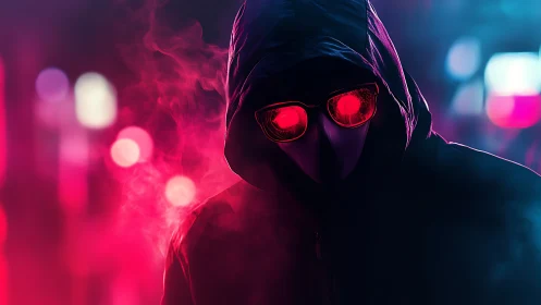 Hooded masked figure with red glasses in neon fog scene.