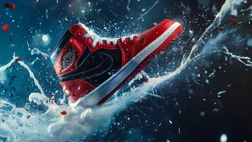 Bold red sneaker in motion splashing through bright water.