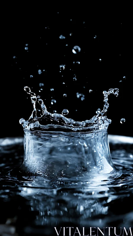 Crown of rippling water frozen mid-splash in midnight hush.