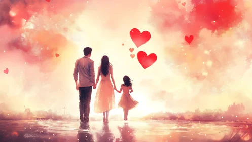 Family holding hands in ethereal pink landscape with floating hearts.
