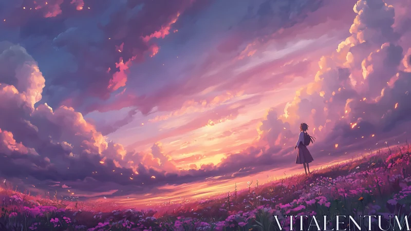 Digital painting of girl in twilight meadow under sweeping clouds.