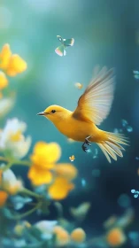 Yellow songbird in midair among soft yellow blossoms.