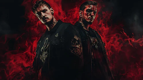 Two men in dark jackets stand before red smoke backdrop