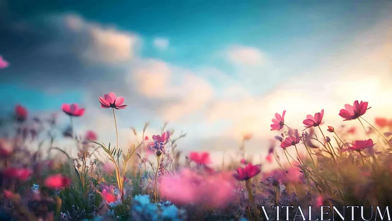 Low-angle wildflower meadow under luminous pastel evening sky