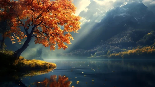 Autumn ember tree dreaming by a mist-lit mountain lake.