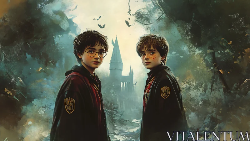 Two robed boys stand before a distant castle in mist