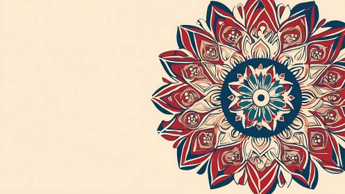 Intricate red and teal mandala blooms on pale beige field
