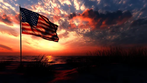Sunlit American flag waving softly over a glowing shore.