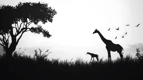 Giraffes walk through misty savanna grassland at sunrise